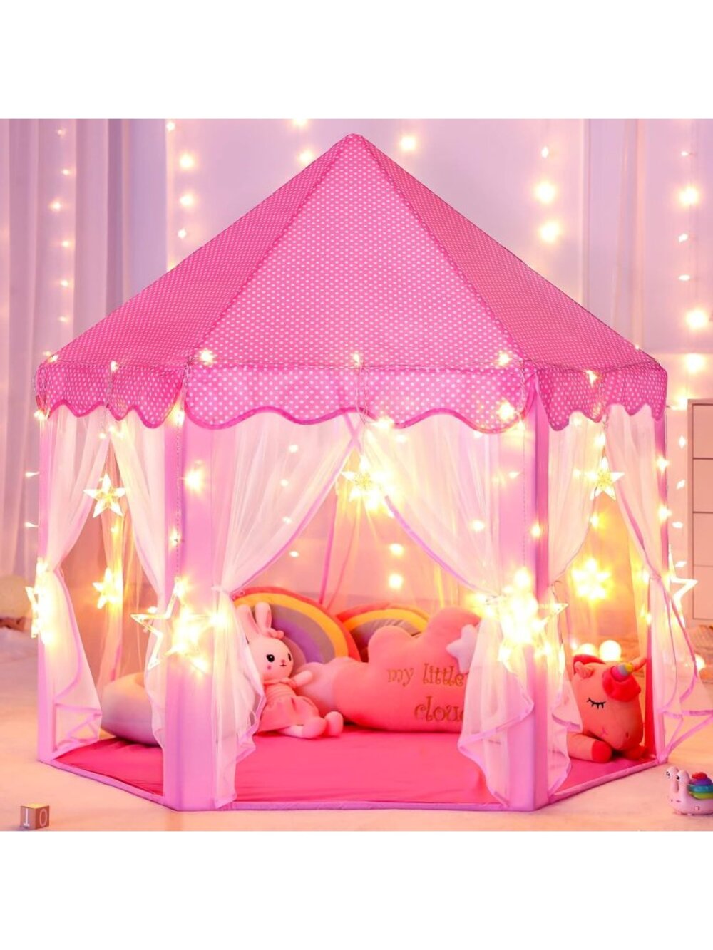 Kids Pink Castle Play Tent with Fairy Star Lights Toys Indoor or Outdoor Games
